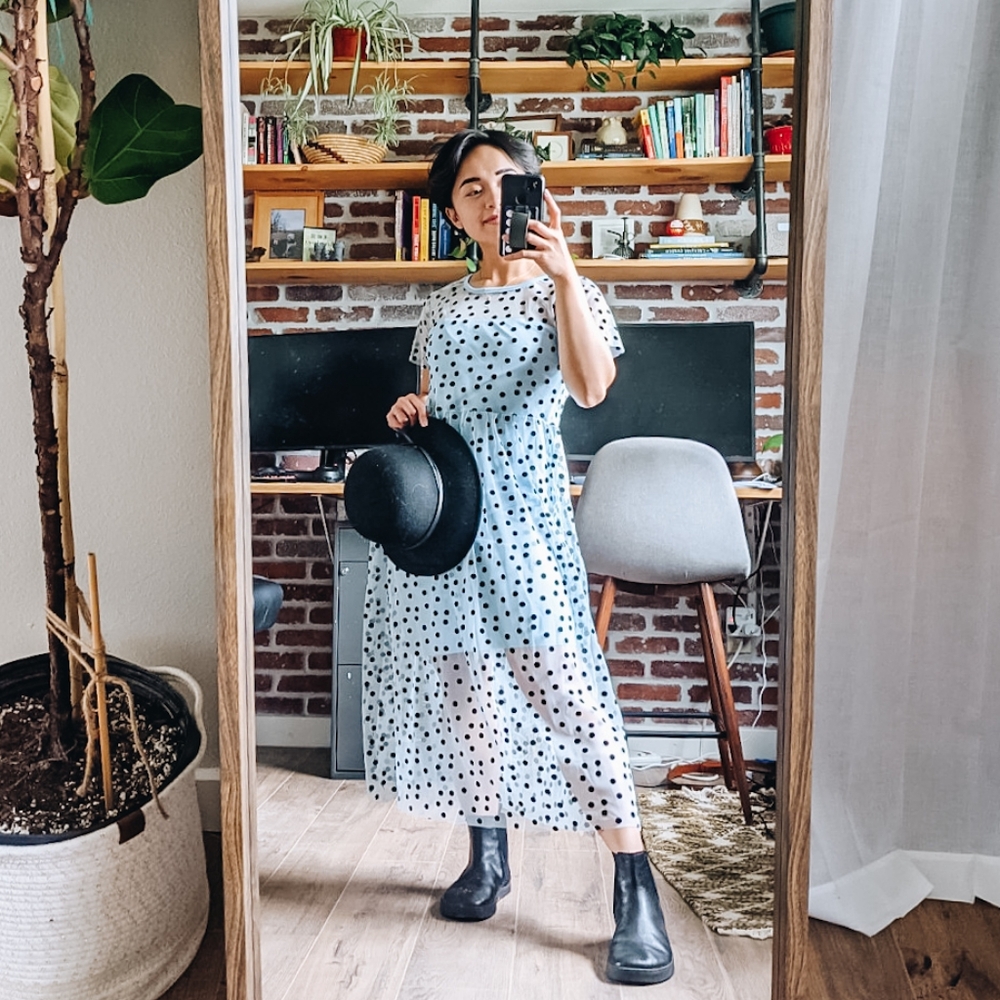 Blue Asos mesh polka dot midi dress